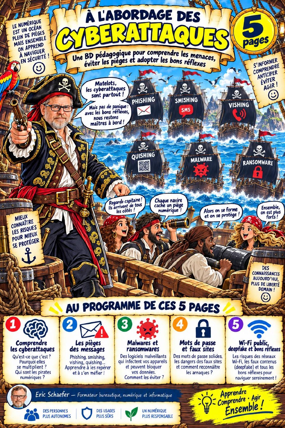 Couverture de la BD pédagogique Les cyberattaques face au pirate